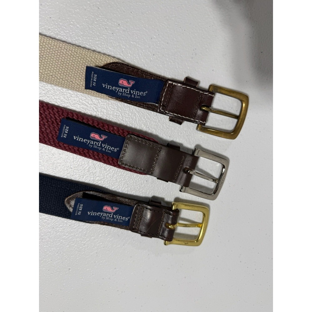 Vineyard Vines Men’s Belts - Navy, Maroon, Pink with Brown Leather Trim - Picture 6 of 9